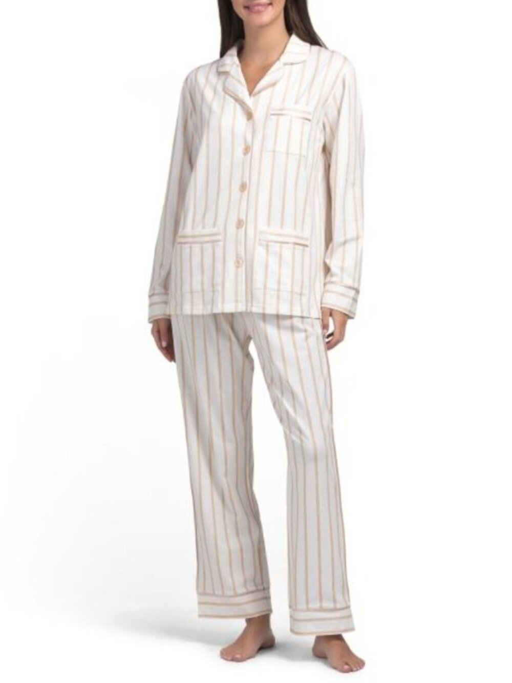 KIP 2pc Cotton Blend Luxe Stretch Stripe Notch Pajama Top And Pants Set